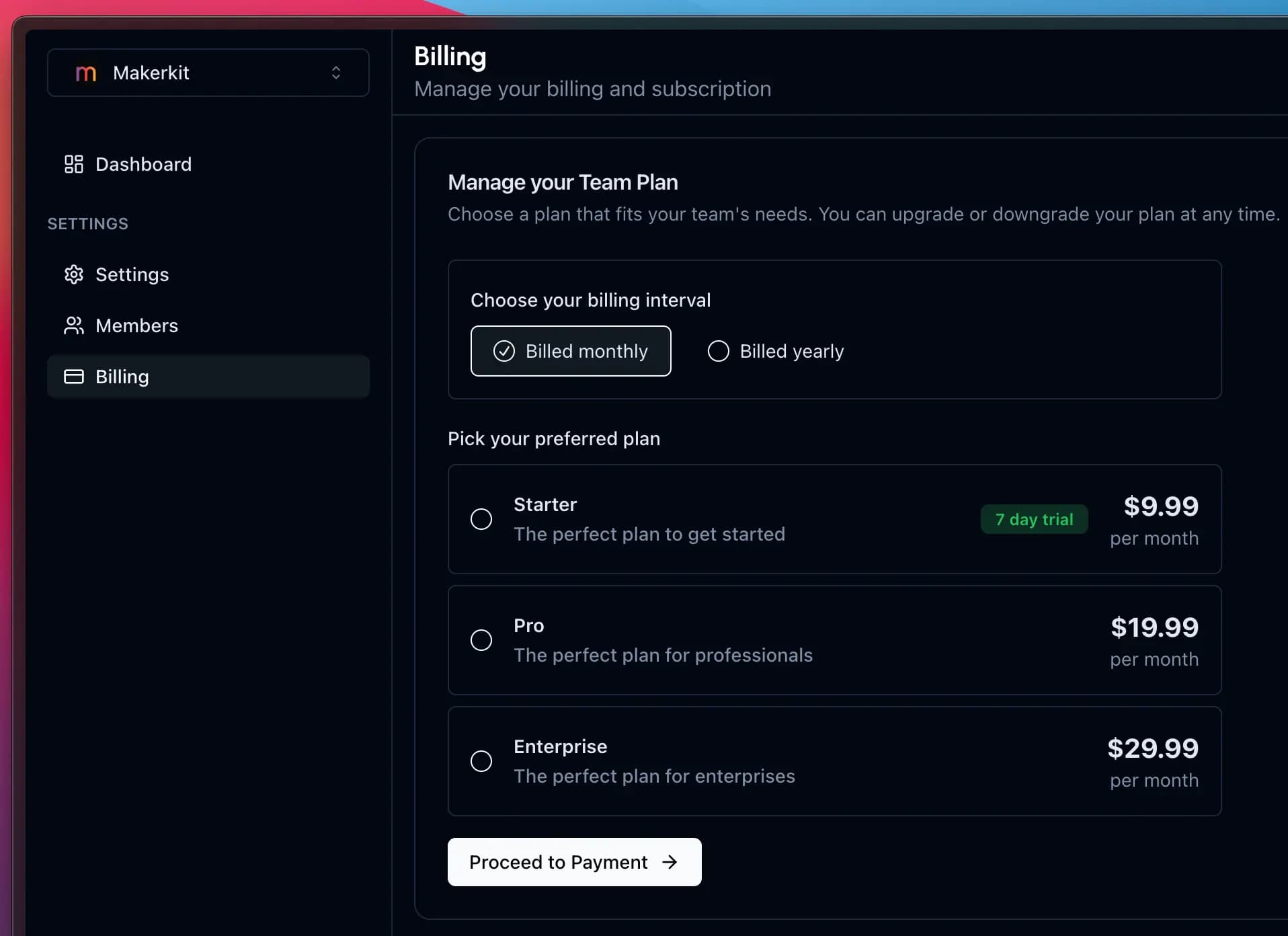 Whitelabel dashboard billing screen showing billing controls